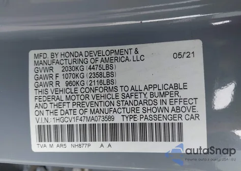 2021 Honda Accord Sport Special Edition из США, поврежденный, VIN 1HGCV1F47MA073589